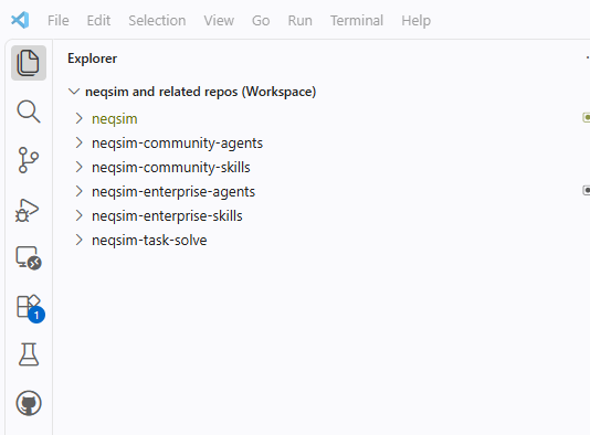 VS Code Explorer showing a multi-root workspace with the NeqSim repositories and a separate task folder