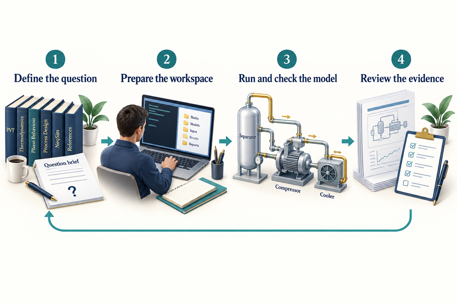 Figure 1.1: From a defined question through workspace preparation and calculation to reviewed evidence. AI-generated conceptual illustration.