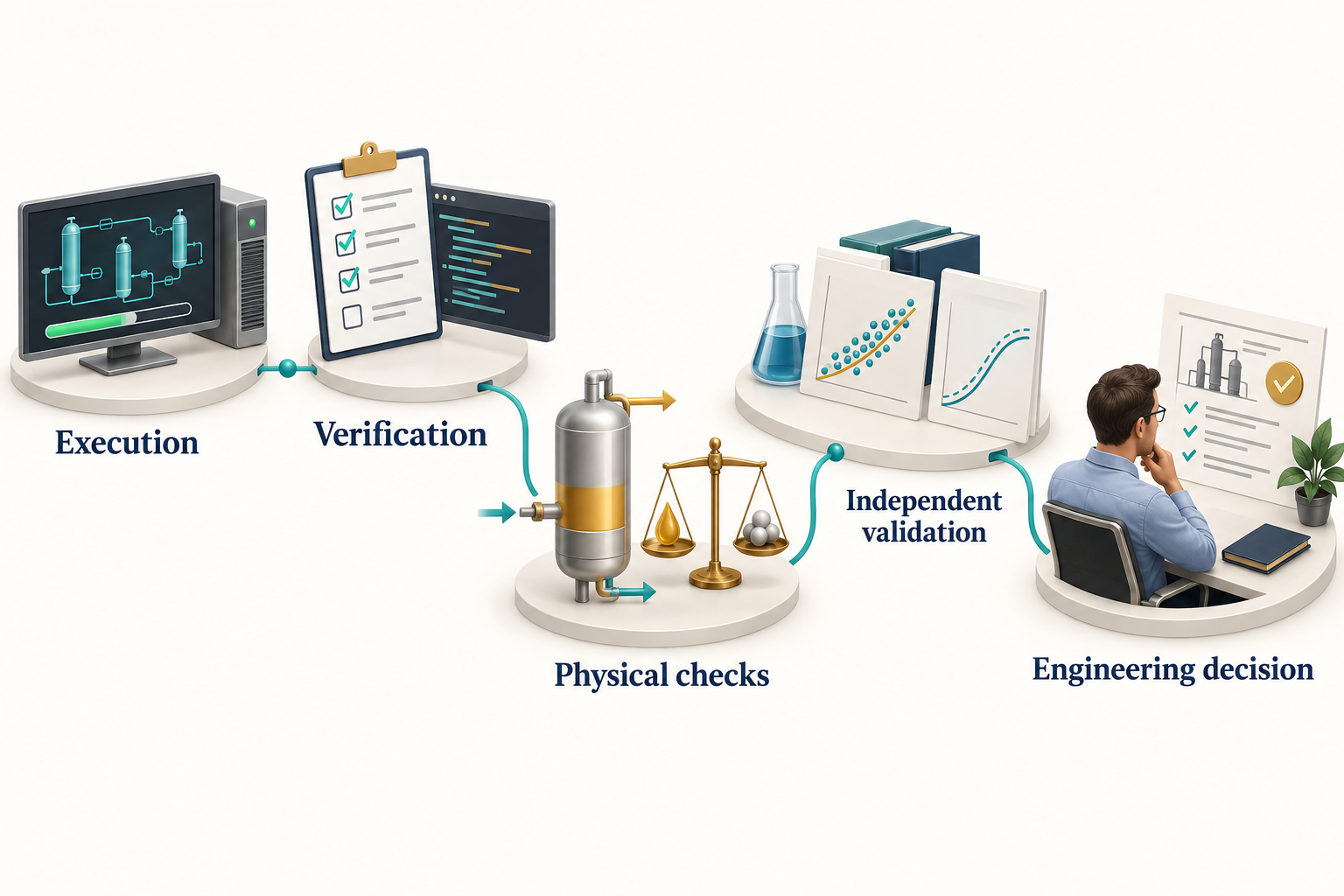 Figure 2.1: Different checks connect execution, verification, physical reasoning, independent validation and an engineering decision. AI-generated conceptual illustration.