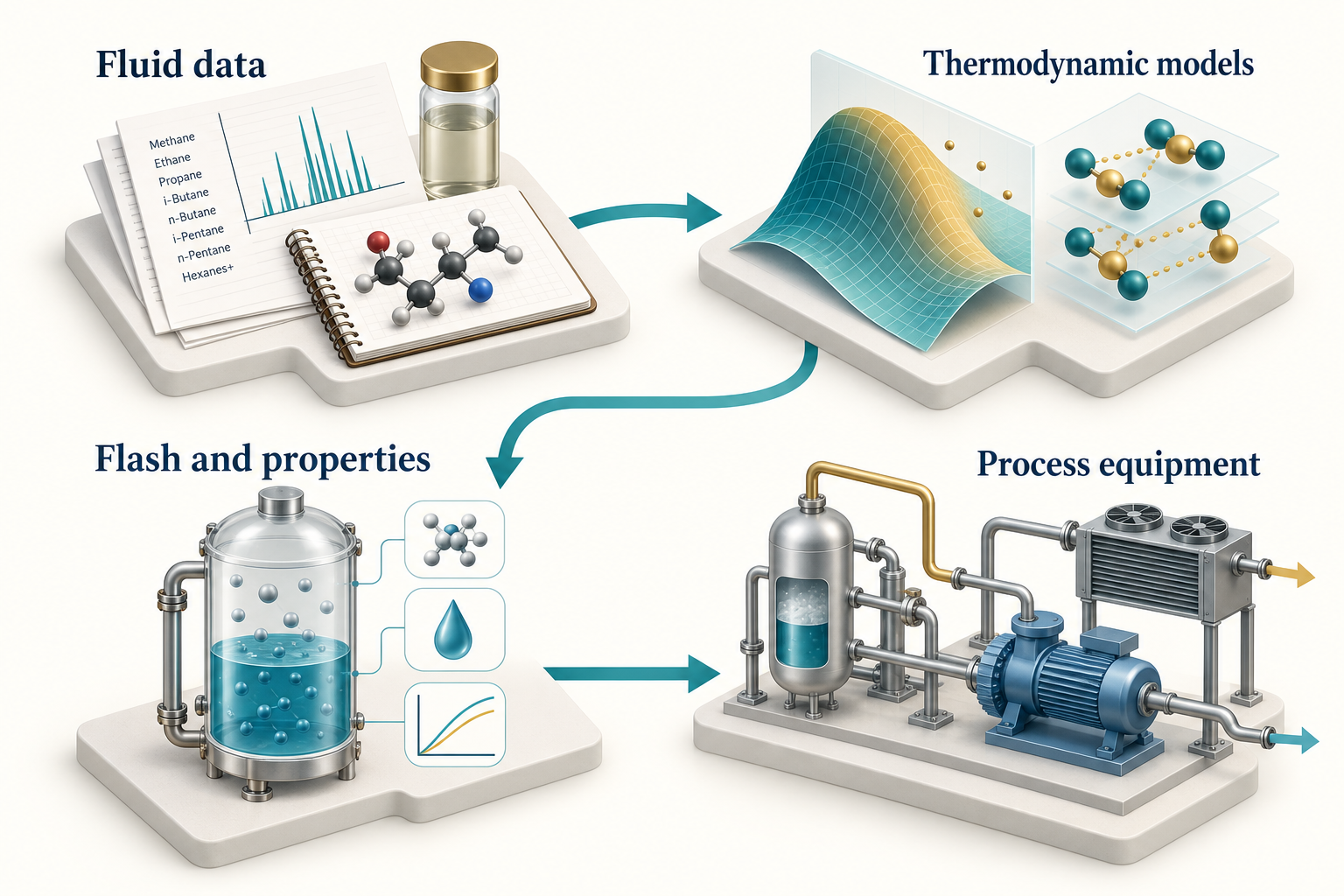 Figure 3.1: Fluid data and thermodynamic models feed flash calculations, properties and process equipment. AI-generated conceptual illustration.