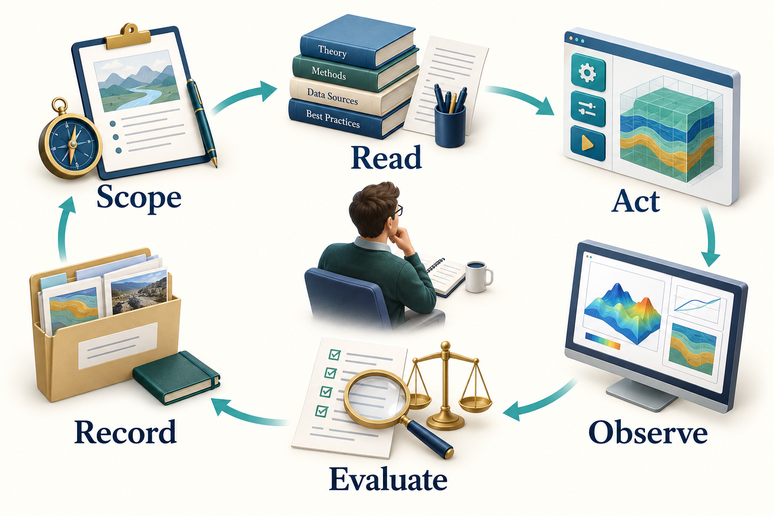 Figure 4.1: An agent workflow connects scope, reading, action, observation, evaluation and recording. AI-generated conceptual illustration.