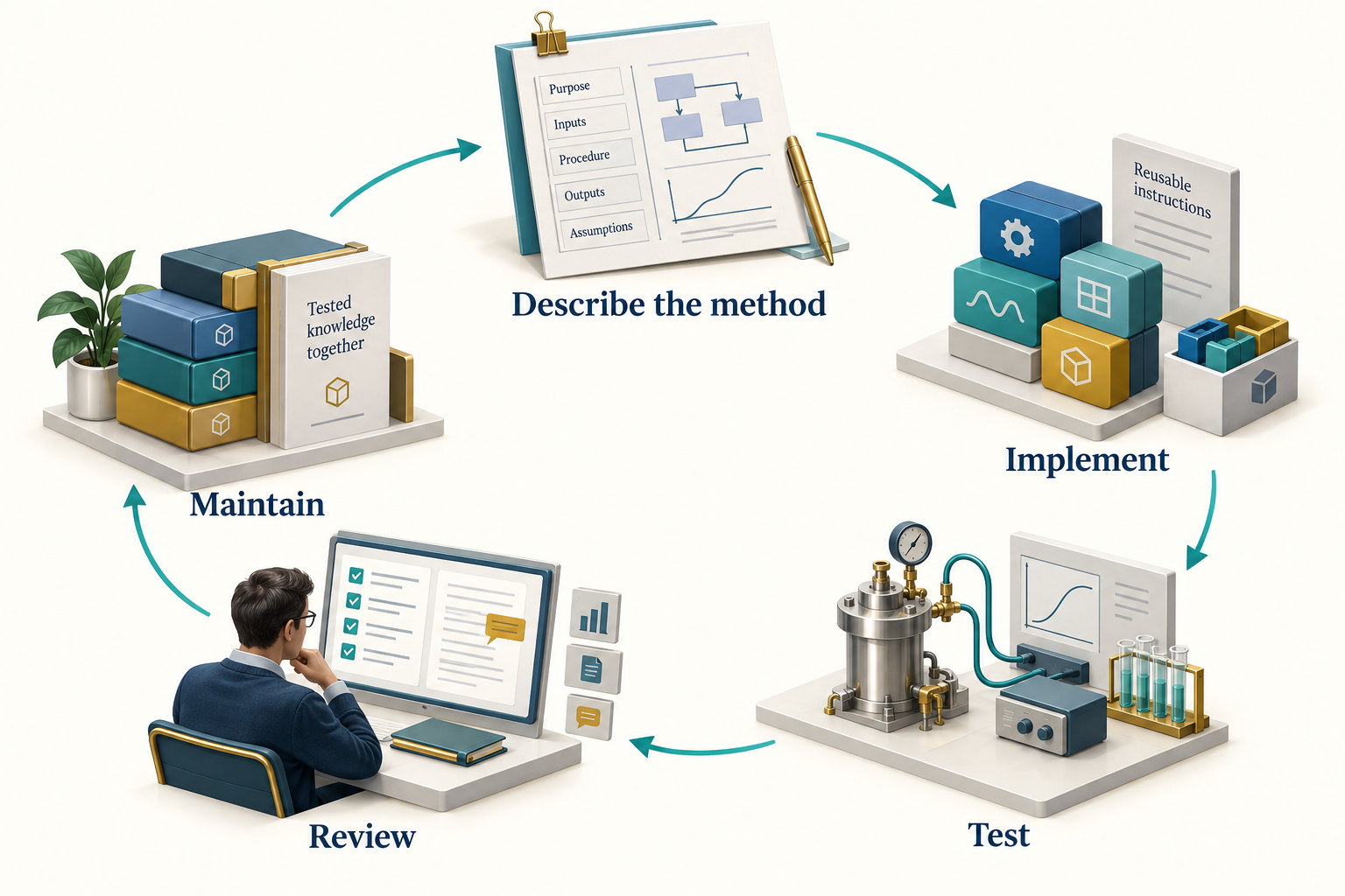 Figure 6.1: A reusable skill develops through method description, implementation, testing, review and maintenance. AI-generated conceptual illustration.
