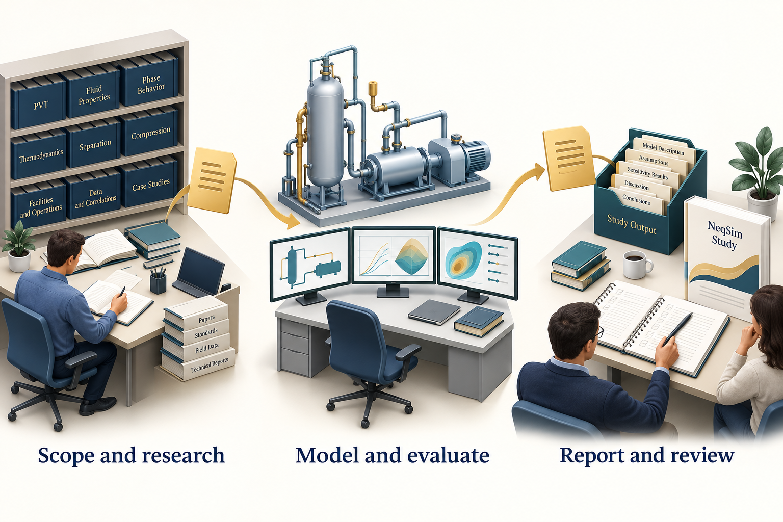Figure 7.1: A study carries source evidence from scope and research through modelling to report and review. AI-generated conceptual illustration.