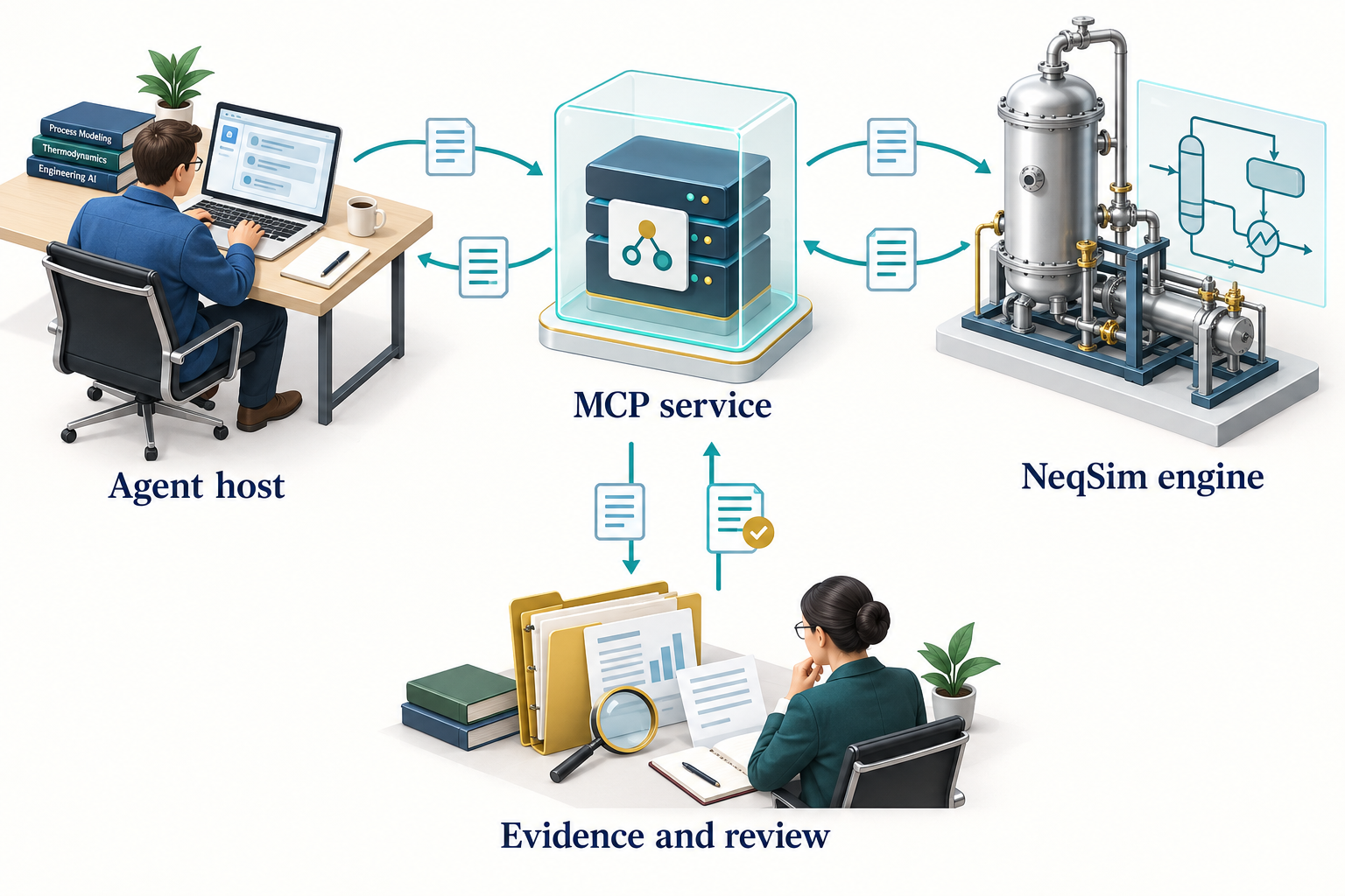 Figure 8.1: An agent host exchanges requests and results with a service and the NeqSim engine, with evidence retained for review. AI-generated conceptual illustration.