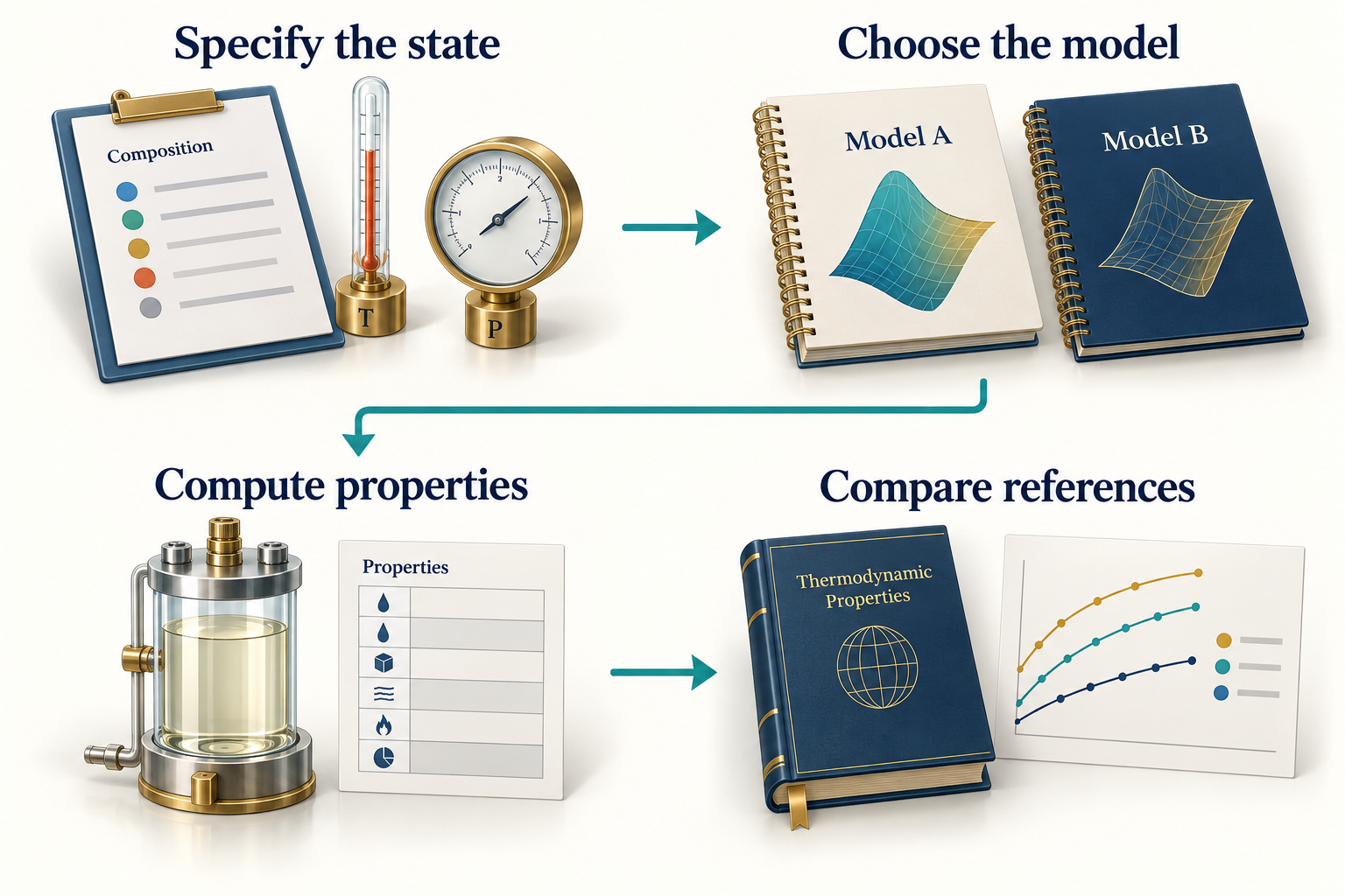 Figure 9.1: A property study specifies the state, selects a model, calculates properties and compares an independent reference. AI-generated conceptual illustration.