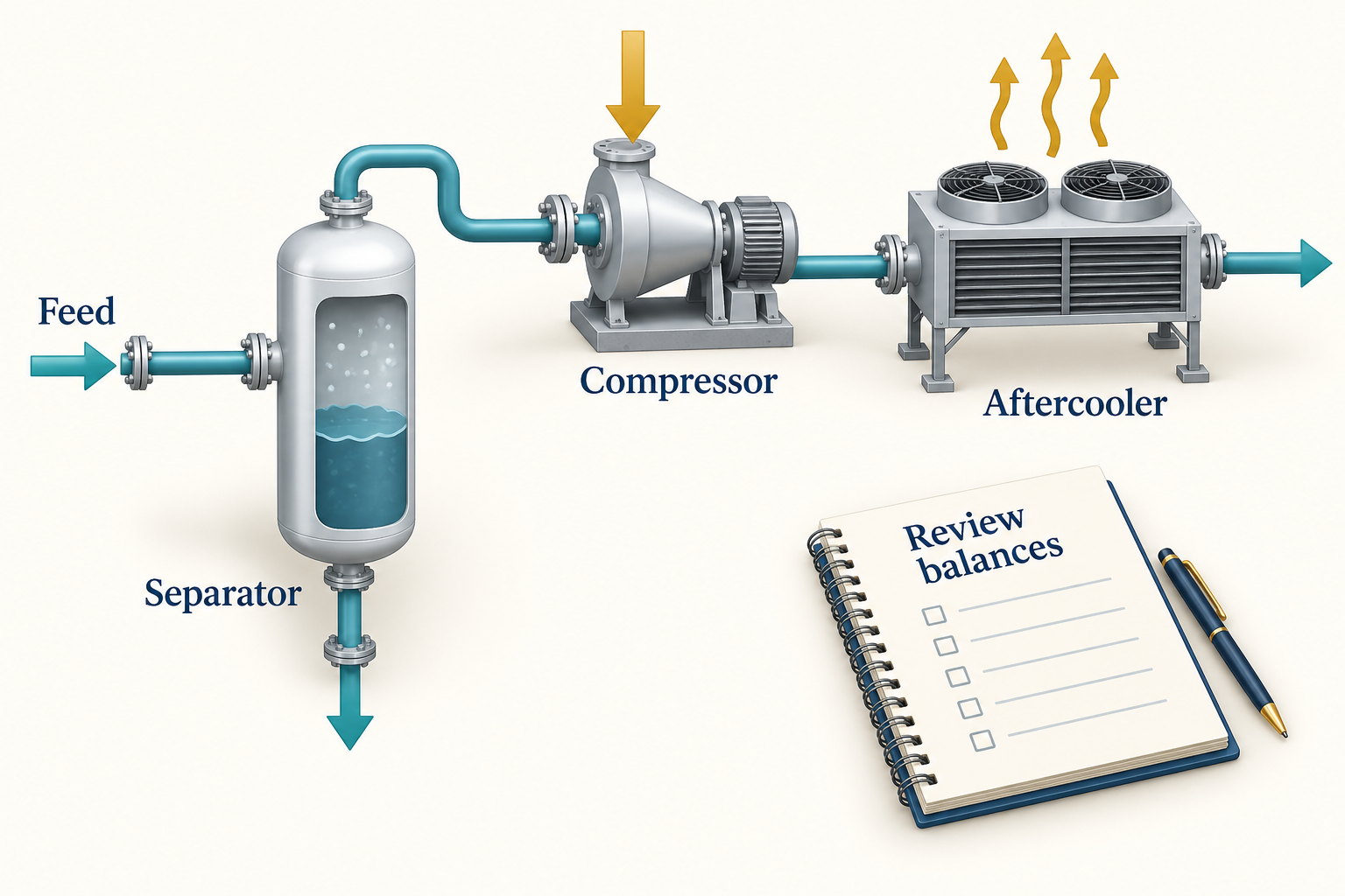 Figure 10.1: A conceptual feed, separator, compressor and aftercooler arrangement connects material streams with work and heat. AI-generated conceptual illustration.