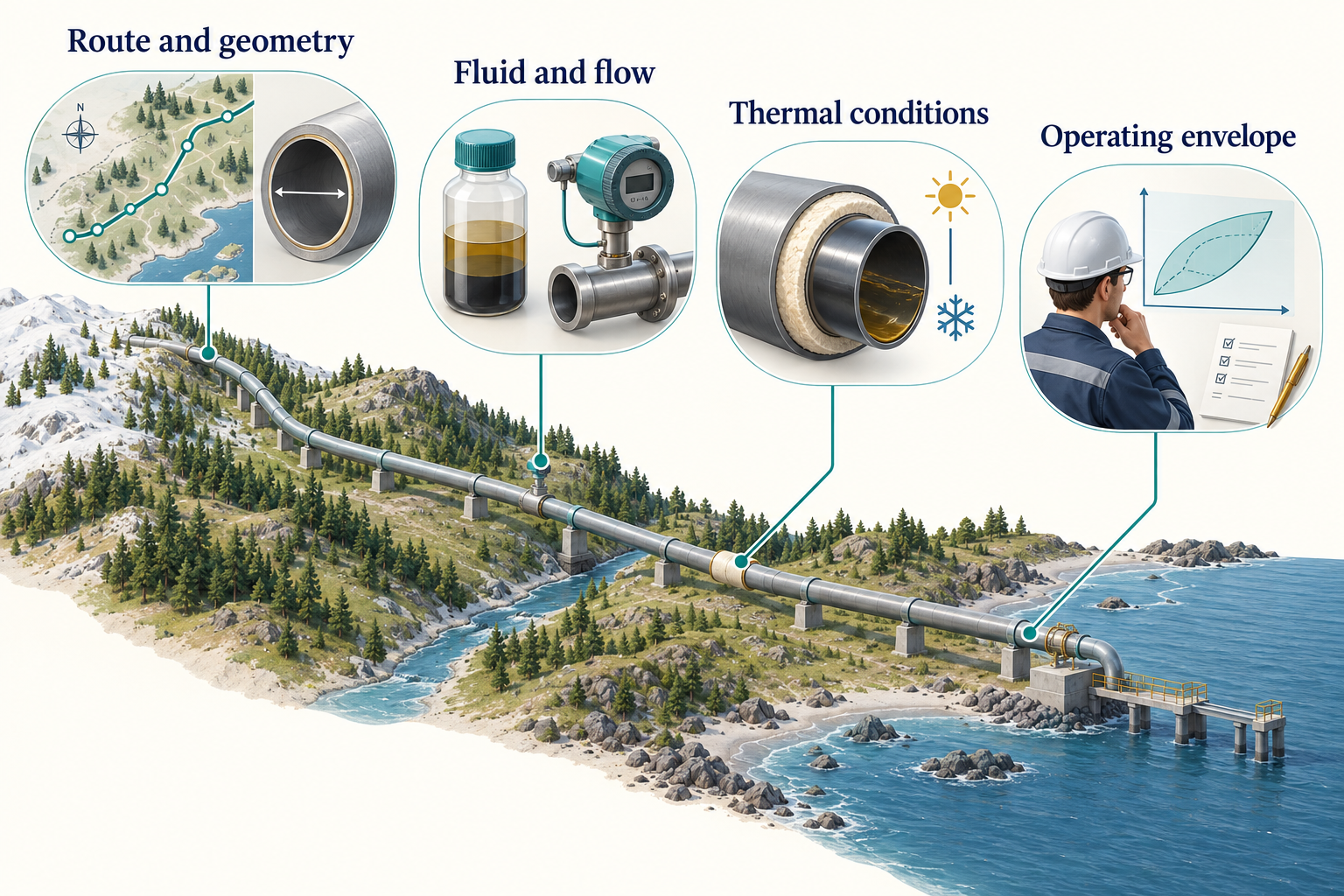 Figure 11.1: A pipeline study combines route geometry, fluid and flow data, thermal conditions and an operating envelope. AI-generated conceptual illustration.