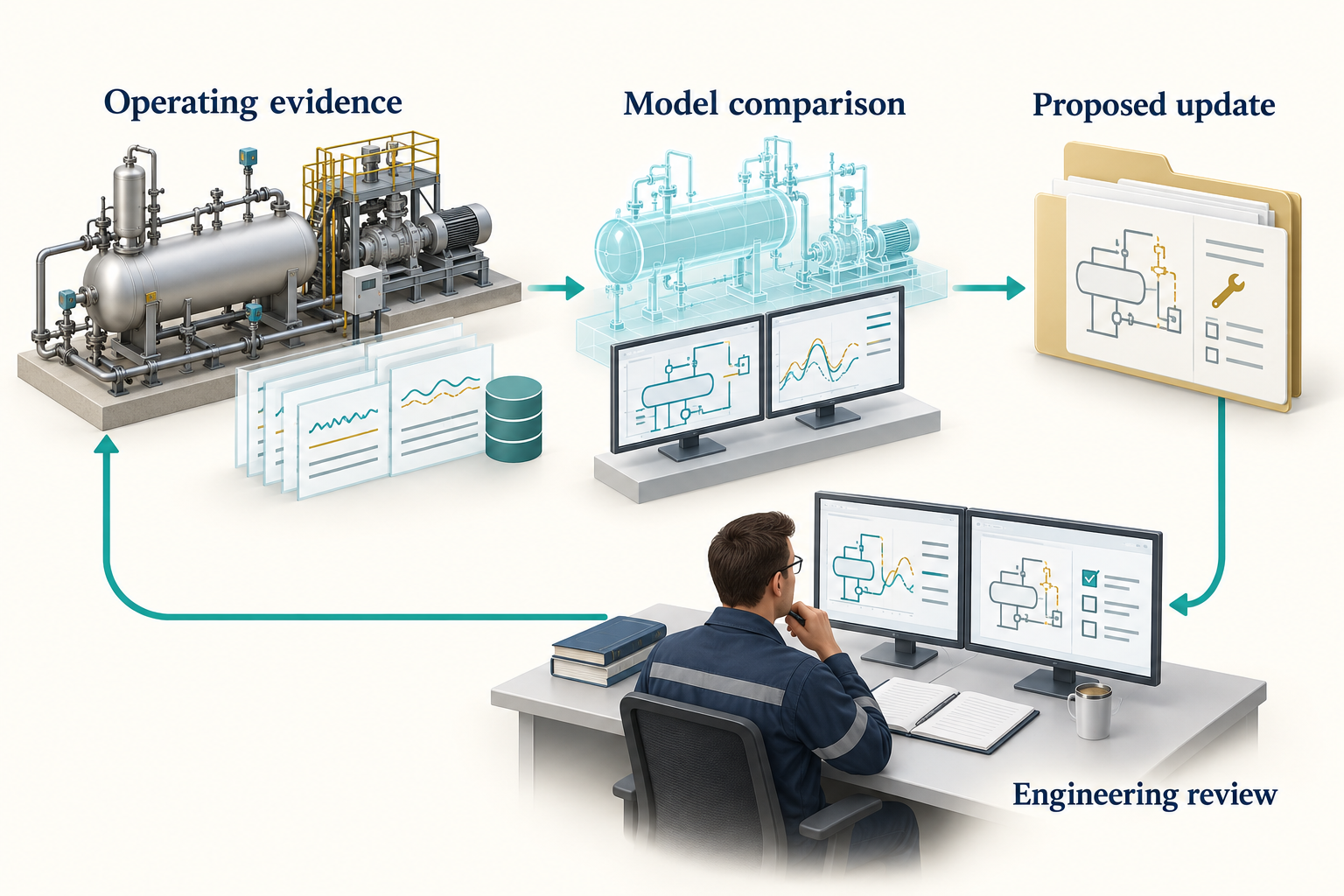 Figure 12.1: Operating evidence supports model comparison, a proposed update and engineering review. AI-generated conceptual illustration.