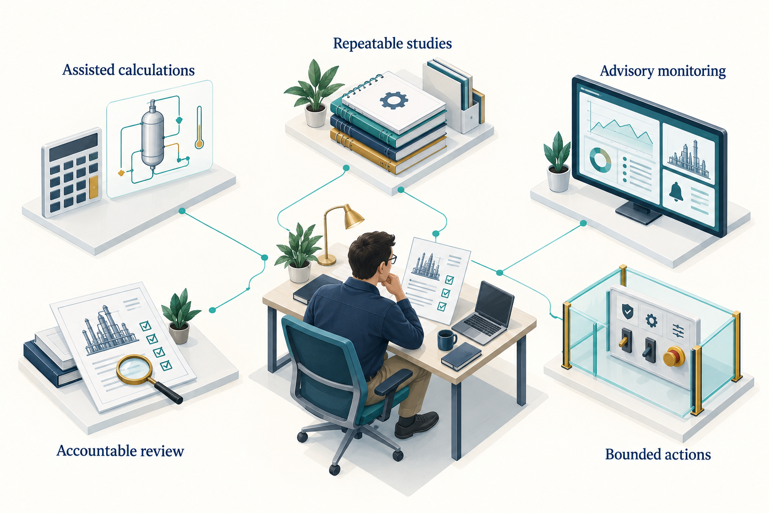 Figure 13.1: Five cooperating capabilities surround human review: calculations, repeatable studies, monitoring, bounded actions and accountability. AI-generated conceptual illustration.