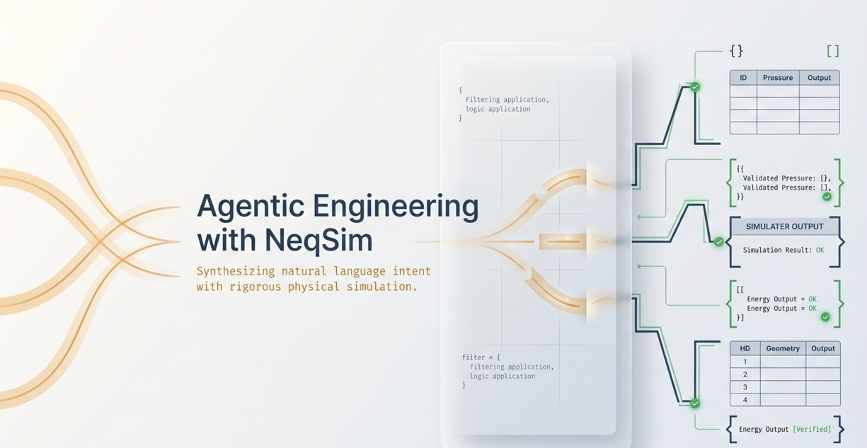 The agentic engineering concept: natural language intent flows into an AI orchestration layer that drives rigorous physical simulation, producing structured and verified engineering outputs