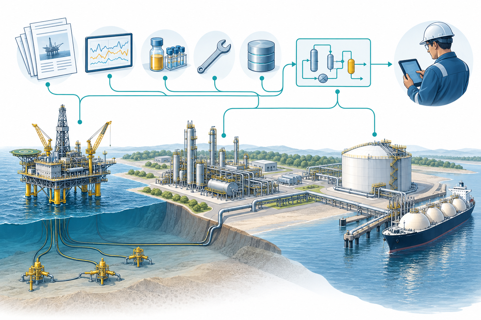 Figure 1.1. Industrial assets, evidence sources, simulation and human review form one connected engineering workflow.
