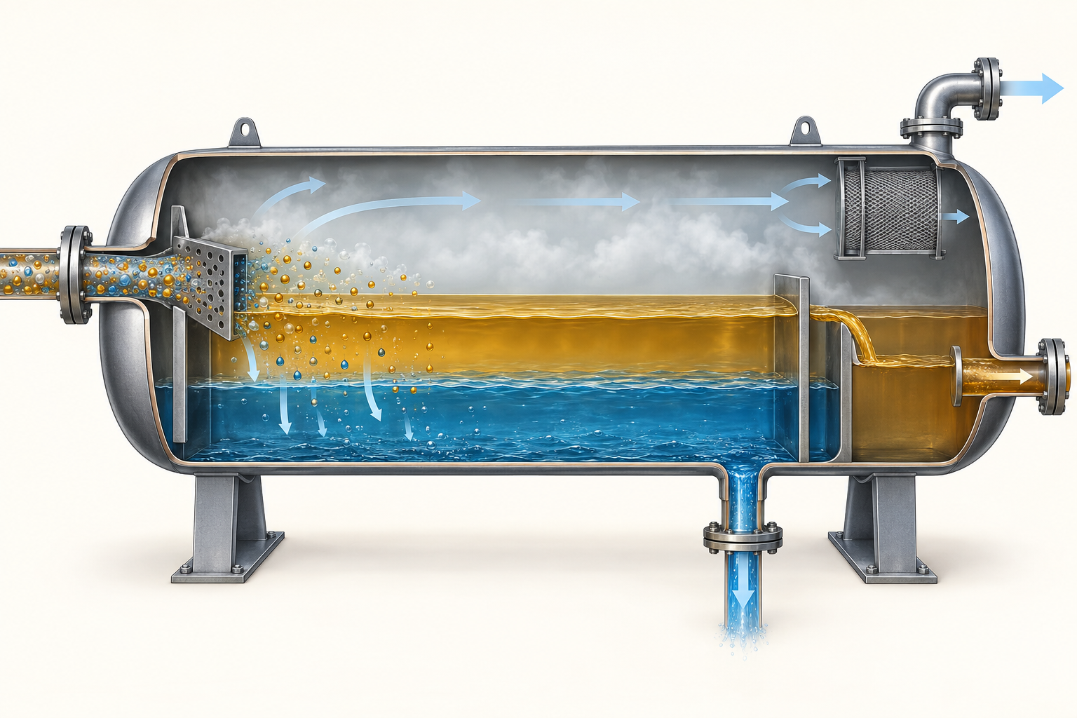 Figure 10.1: Conceptual AI-generated illustration of a horizontal separator, showing the inlet region, liquid inventory and overhead gas outlet. The cutaway explains separation paths and is not a mechanical drawing or vendor performance guarantee.
