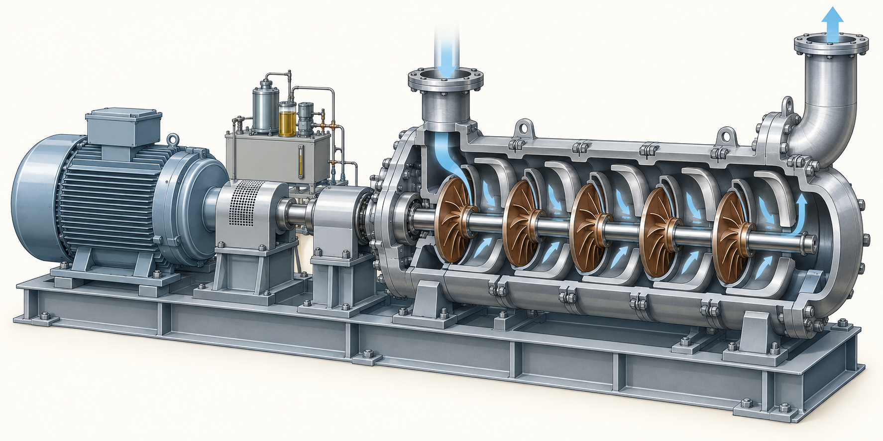 Figure 14.1: Conceptual AI-generated illustration of a compression train with gas compression, cooling and driver equipment. It introduces process and shaft-load connections; geometry and displayed equipment do not represent an OEM map or mechanical design.